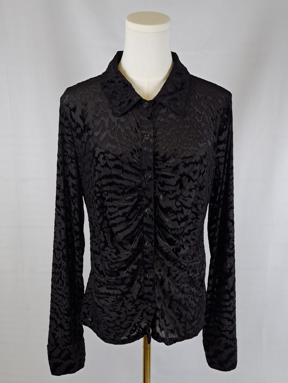 Mystree Black Sheer Zebra Print Velvet Burnout Ruched Front Button Down Shirt L